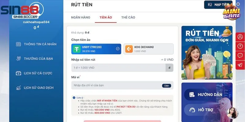 Điều kiện thực hiện rút tiền Sin88